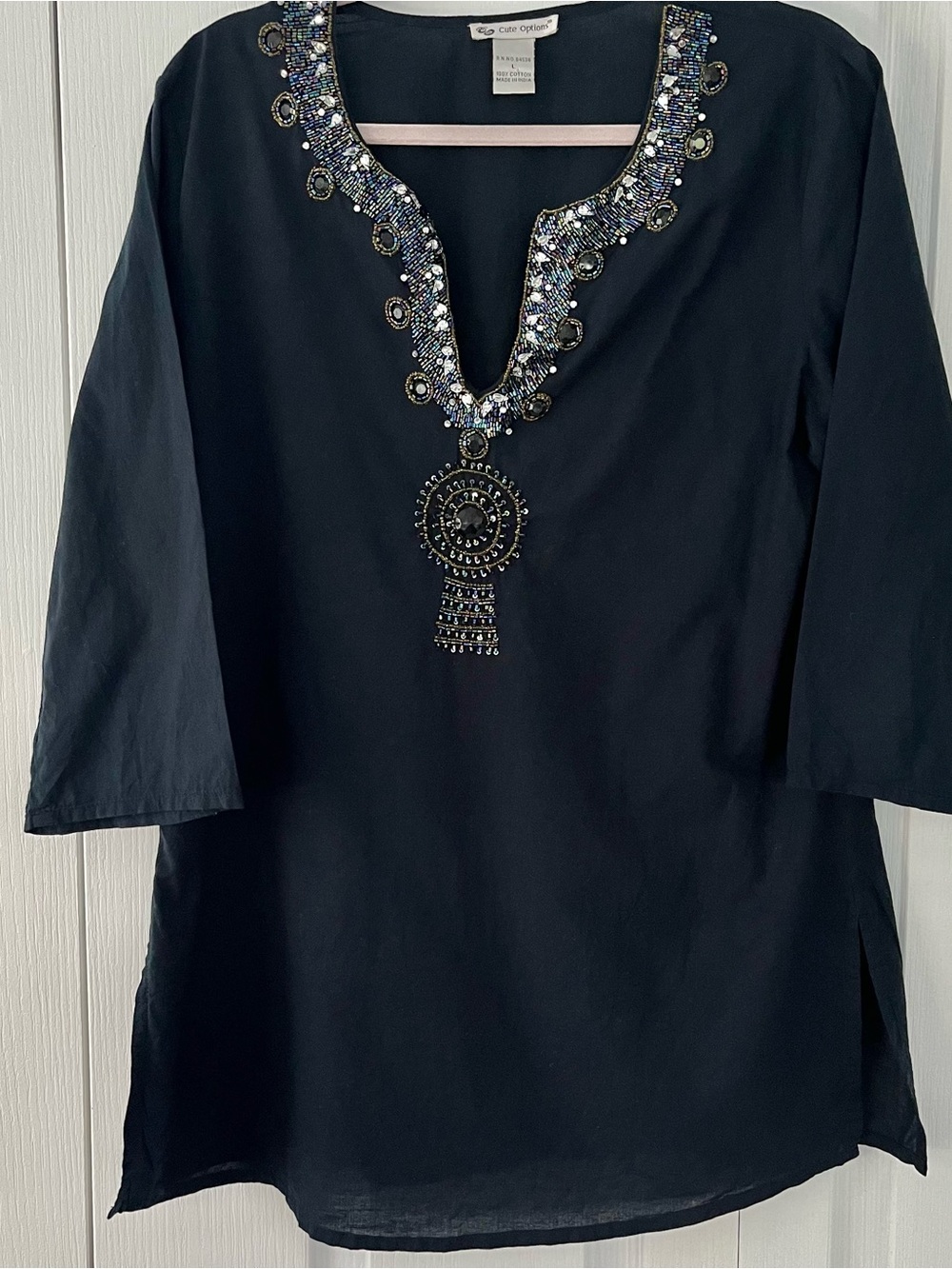 Cute Options Navy Embellished Beaded Long Tunic Size L Made In India